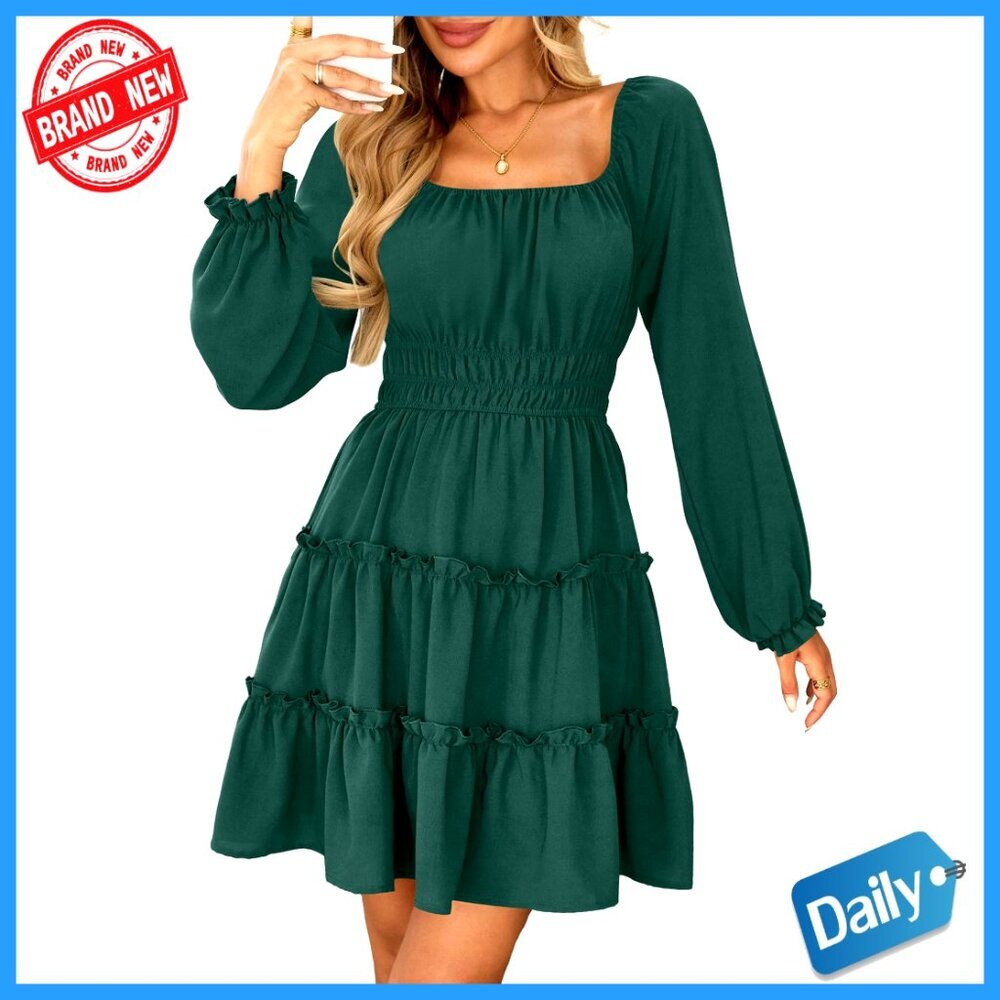Long Sleeve Square Neck A-Line Mini Dress with Pockets Tiered Ruffle